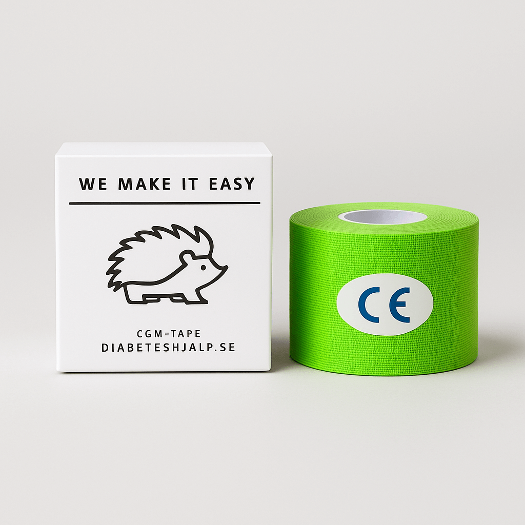 TypOne Tape Roll packaging with a green tape roll for CGM sensors, featuring a hedgehog logo and CE marking.