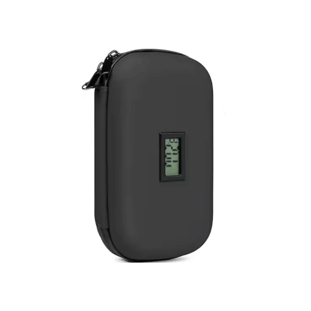 DiaCase Black smart kylfodral med digital termometer för säker temperaturförvaring av känsliga produkter.
