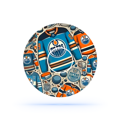 Rundelbild av Edmonton Oilers patch med detalj på lagets signaturtröja och logotyp.