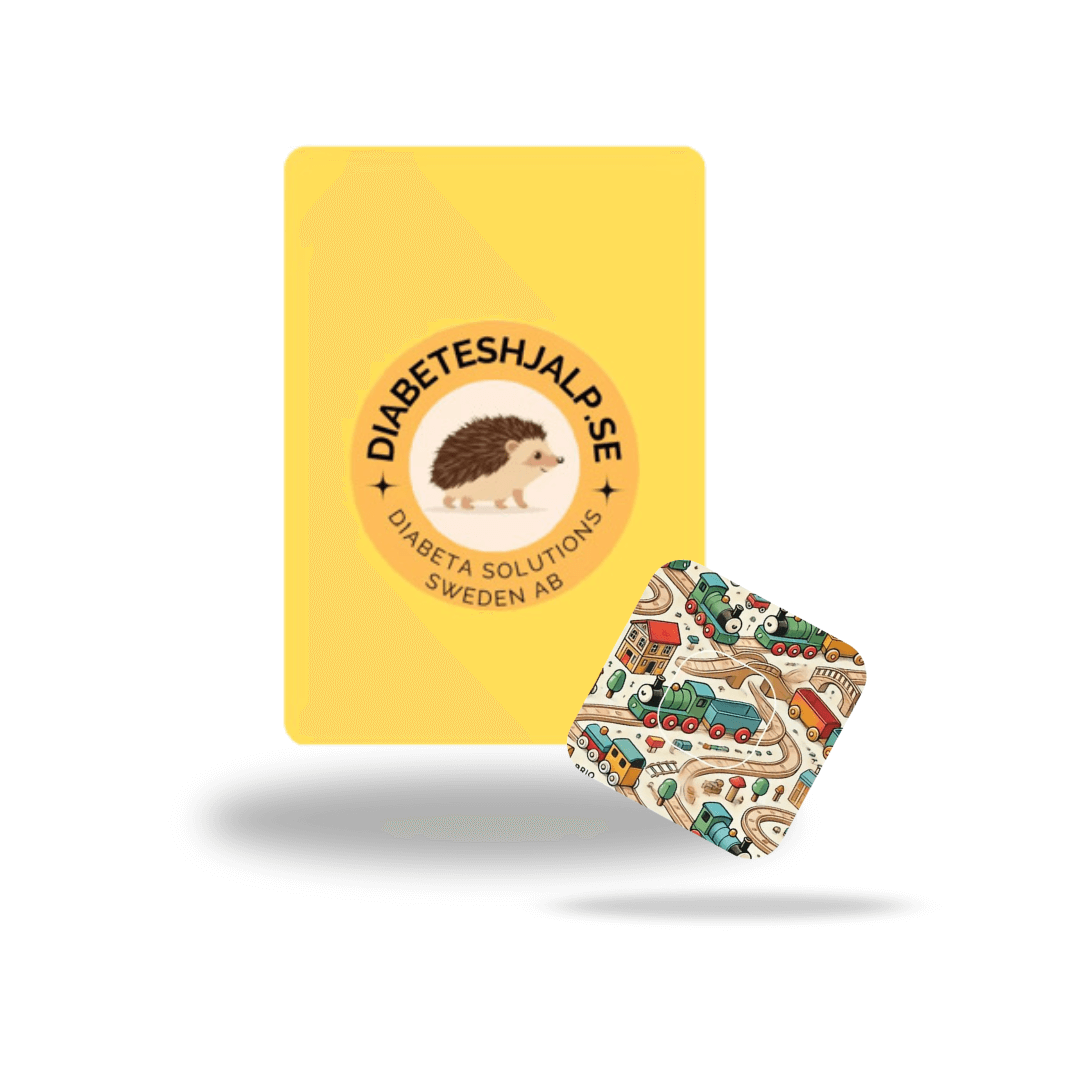 Brio Tåg CGM patches för Medtronic Simplera sync med lekfullt tågdesign och sensorsticker. Diabeteshjälp logotyp.