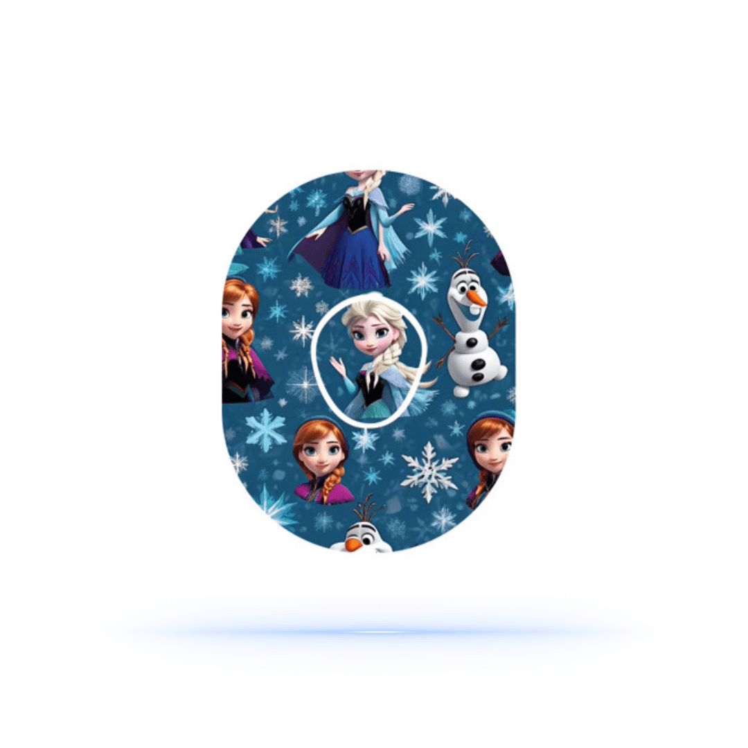 Frozen CGM-sensor overpatch for Dexcom G7 featuring Disney characters Elsa, Anna, and Olaf.