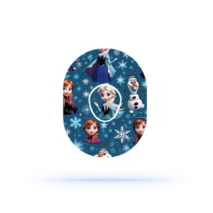 Frozen CGM-sensor overpatch for Dexcom G7 featuring Disney characters Elsa, Anna, and Olaf.