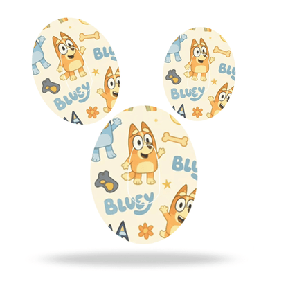 Bluey and Bingo themed CGM-Sensor overpatch design featuring colorful patterns and playful motifs.