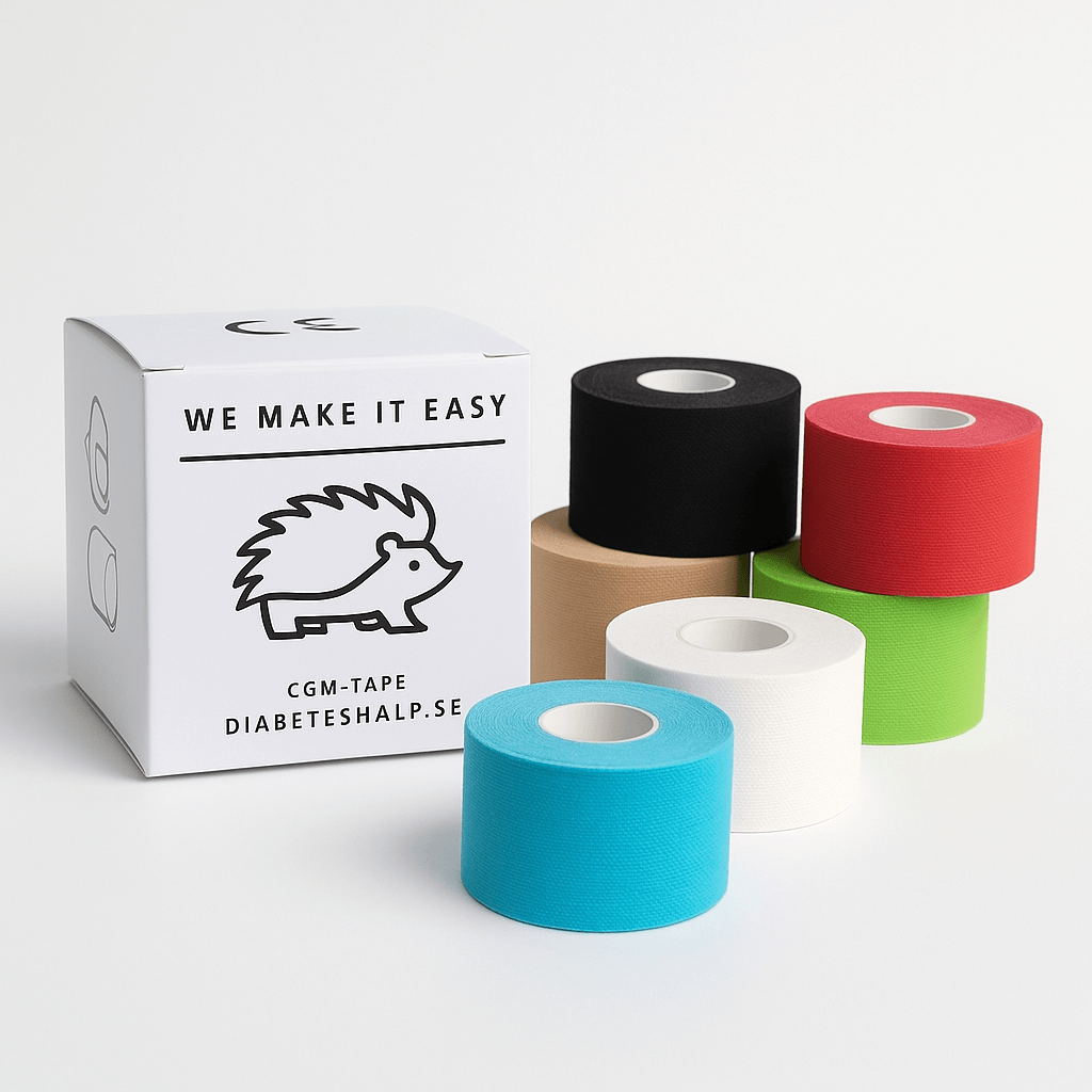 TypOne CGM tape rolls in various colors next to packaging, ideal for secure attachment of diabetes sensors.