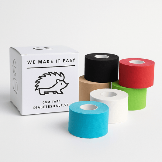 TypOne CGM tape rolls in various colors next to packaging, ideal for secure attachment of diabetes sensors.