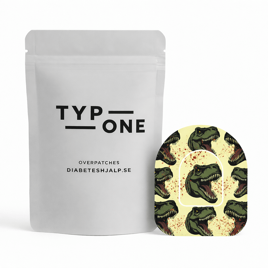 Omnipod Overpatch T-Rex vattentålig tejp med dinosauriemönster, för diabetesövervakning.