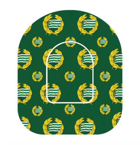 Omnipod overpatch med Hammarby-mönster för extra fäste, grönt och gult sportigt designad overpatch för Omnipod insulinpump.