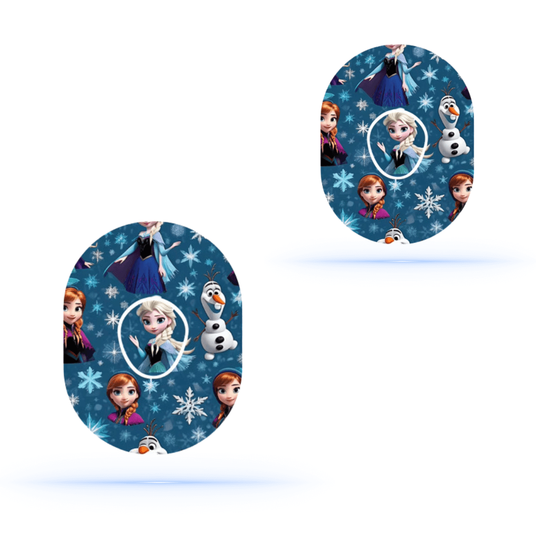 Frozen CGM-Sensor overpatches featuring Elsa, Anna, and Olaf designs on a blue background.