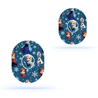 Frozen CGM-Sensor overpatches featuring Elsa, Anna, and Olaf designs on a blue background.