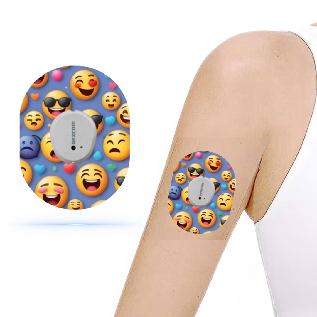 DiabetaGuard Smiley Emoji CGM sensor patch applicerat på en arm, med färgglada emojis som sprider glädje och positiv energi.