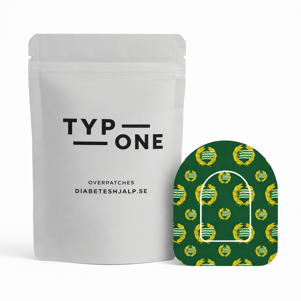 Omnipod overpatch Hammarby design bredvid en vit förpackning med texten 'Type One'. Perfekt stöd och fixering för Omnipod insulinpump.