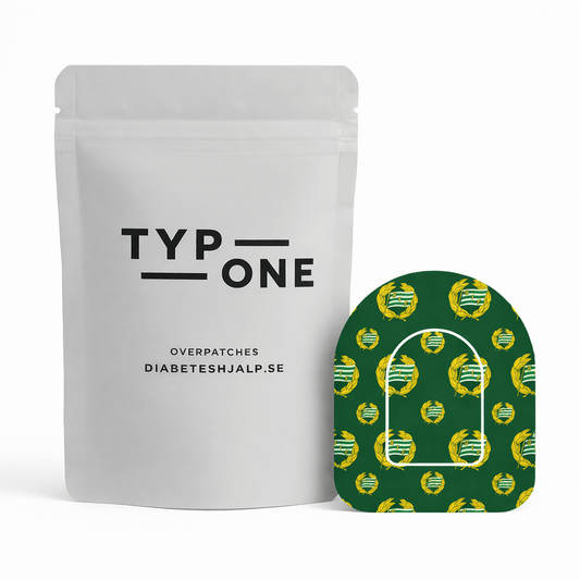 Omnipod overpatch Hammarby design bredvid en vit förpackning med texten 'Type One'. Perfekt stöd och fixering för Omnipod insulinpump.