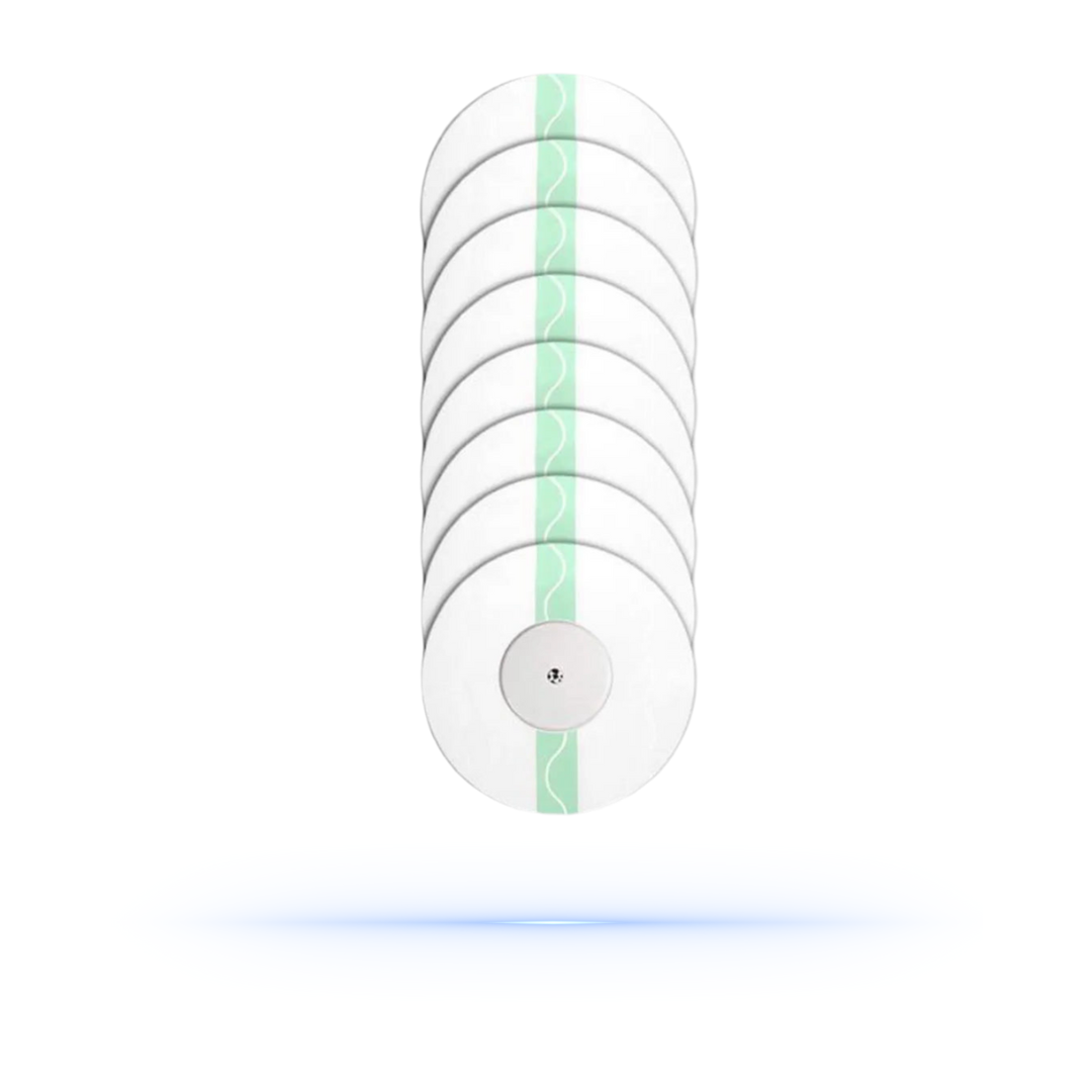 Showcase of DiabetaGuard transparent CGM patches stacked vertically, emphasizing their sleek design and compatibility with Freestyle Libre sensors.