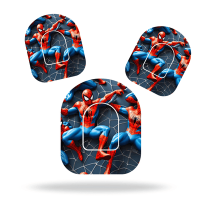 Spiderman-themed pump overpatches for Omnipod 5 & Dash with included pump sticker, designed for stability.