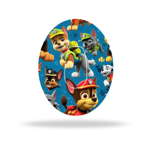 Paw Patrol CGM-Sensor Overpatch design featuring colorful characters on a blue background.