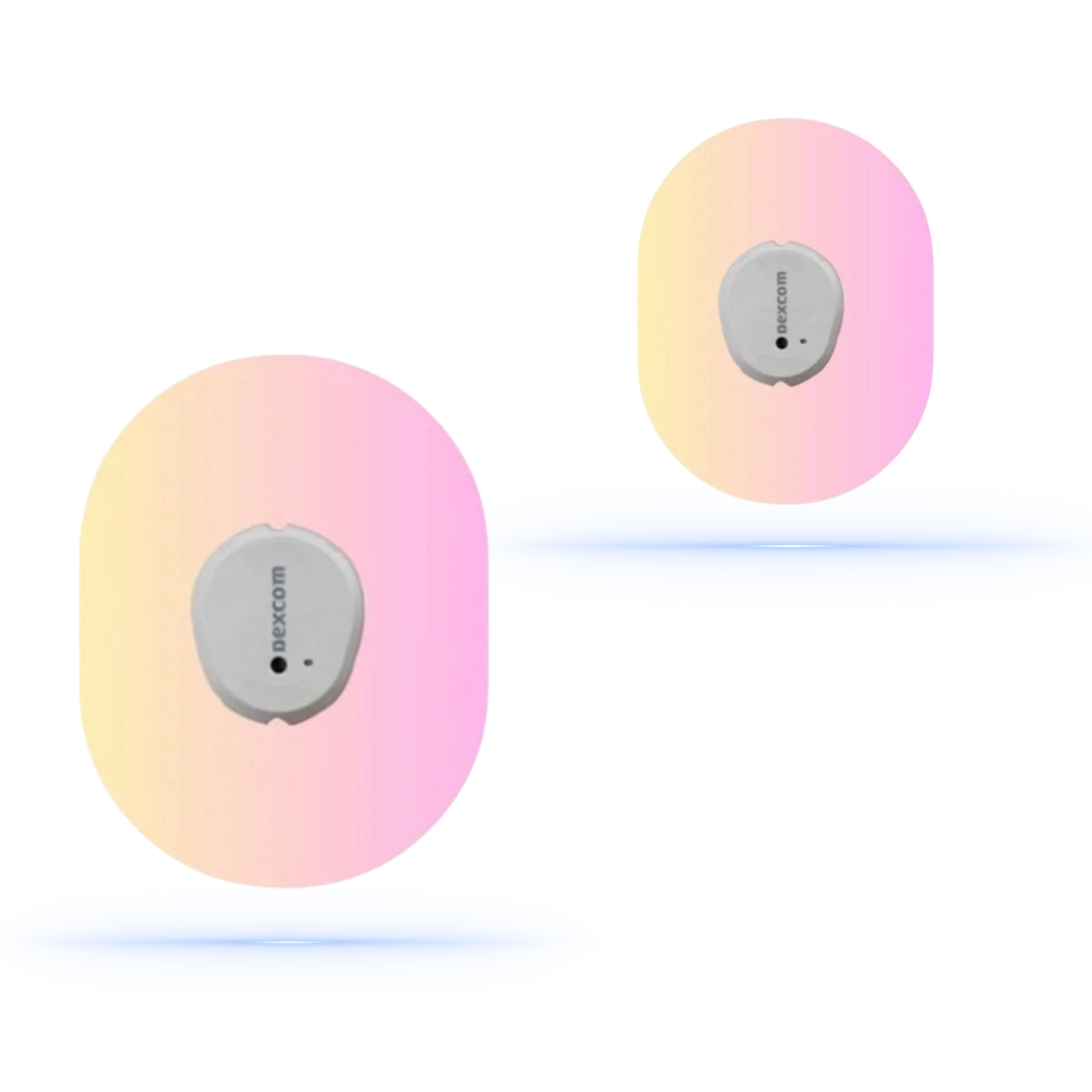 Två rosa gradient CGM-sensor patches för Dexcom One+ som sväva, framhäver deras moderna och eleganta design.