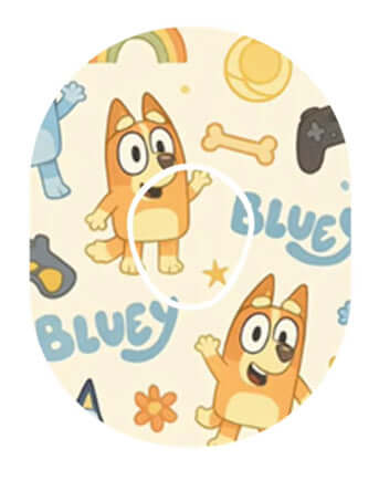 Bluey and Bingo themed CGM sensor overpatch featuring colorful characters and playful designs.
