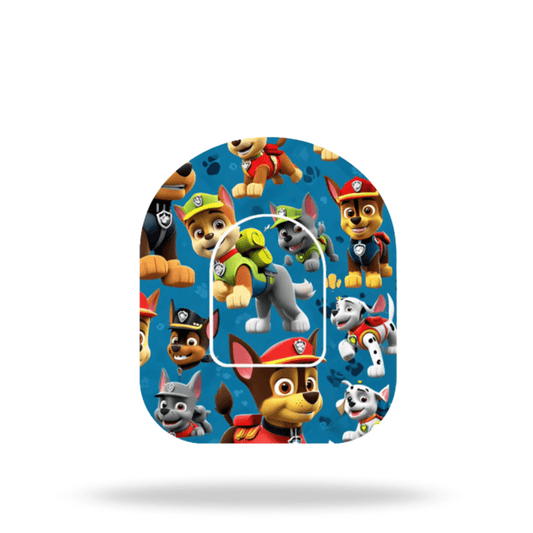 Paw Patrol themed pump overpatch for Omnipod 5 & Dash, featuring vibrant designs for insulin pumps.