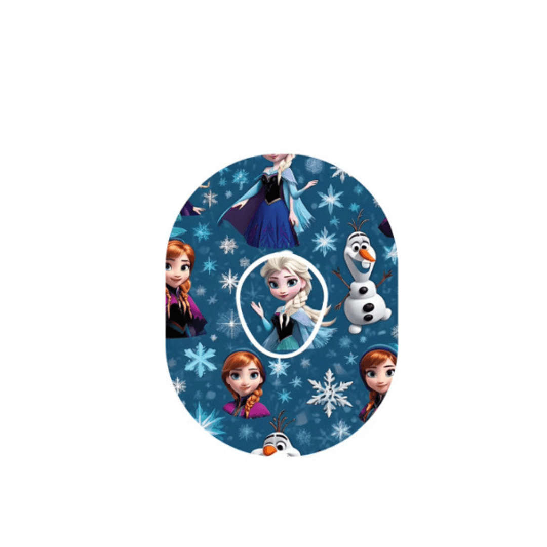 Frozen CGM-Sensor overpatch with Disney's Elsa, Anna, and Olaf designs, perfect for Dexcom G7 sensors.