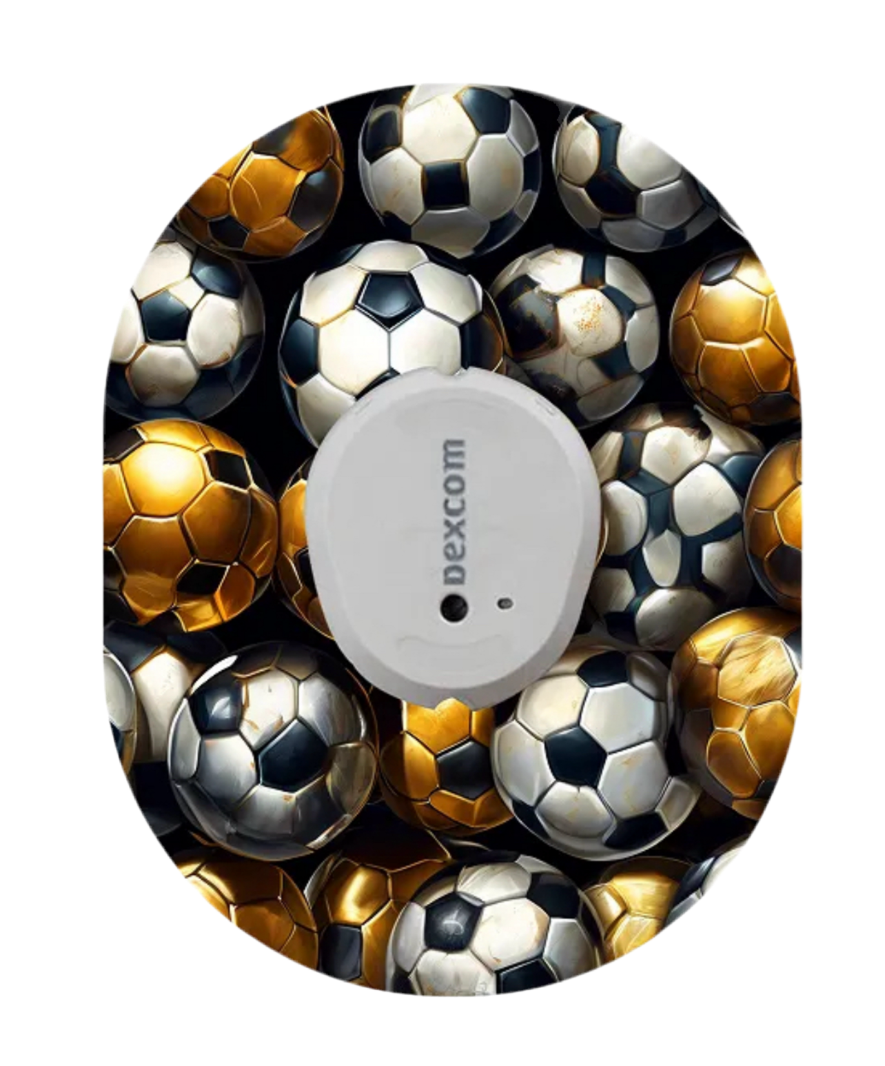 Fotbolls tema med vita och guldiga fotbollar på en dexcom g7 patch