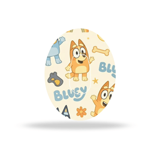 Bluey and Bingo pattern overpatch for Dexcom G6 showing colorful characters and playful designs.