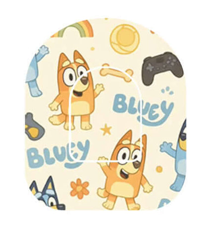 Colorful Bluey and Bingo pump overpatch design featuring playful characters and fun patterns.