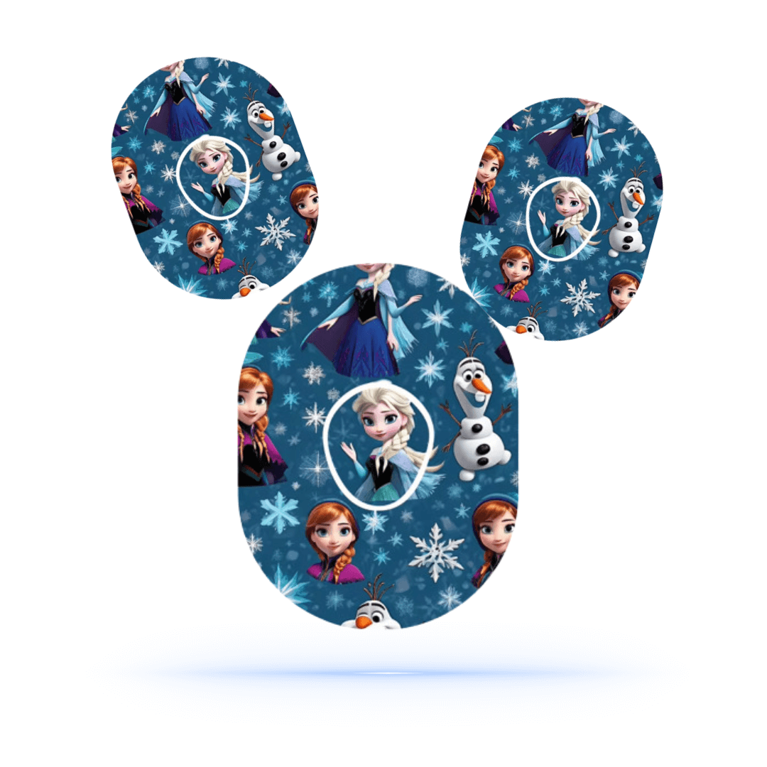 Frozen CGM-Sensor overpatch for Dexcom G7 featuring Elsa, Anna, and Olaf designs on a blue background.