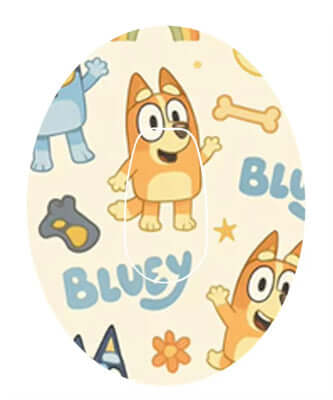 Bluey cartoon character design on a colorful backdrop for CGM-Sensor Overpatch, playful and fun style.
