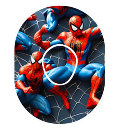 Färgglad Spiderman CGM-sensor overpatch för Dexcom G7, med lekfull design och stabilitet.