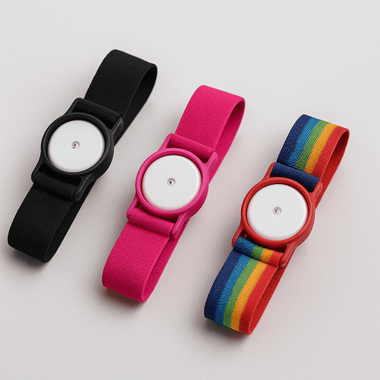 LibreLoop sensor bands in black, pink, and rainbow colors for Freestyle Libre sensors.