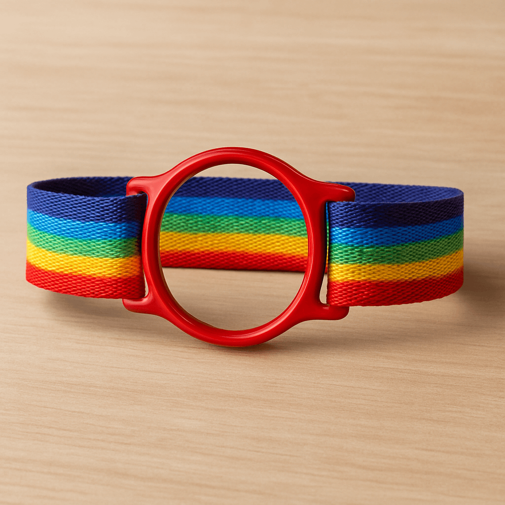 LibreLoop armband med regnbågsfärger för Freestyle Libre-sensorer, bekväm och säker hållning.