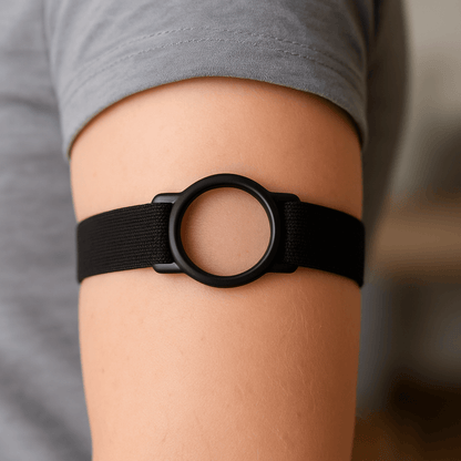 LibreLoop sensor armband securely holding Freestyle Libre sensor on arm, showcasing comfort and sleek design.