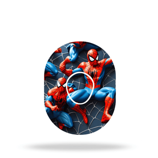 Spiderman CGM-Sensor Overpatch for Dexcom G7 with comic design, enhancing style and stability for sensor protection.