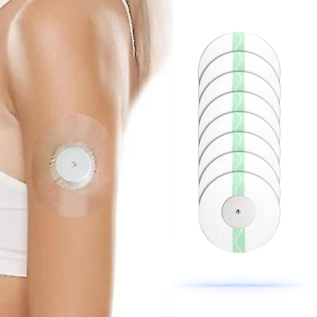 DiabetaGuard transparent CGM patch applied on an arm for Freestyle Libre, showcasing its discreet and waterproof features.