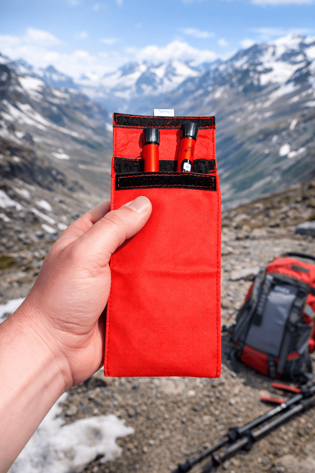 Hand som håller Kylo Duo Insulinbag med insulinpennor i bergen, perfekt för friluftsliv.