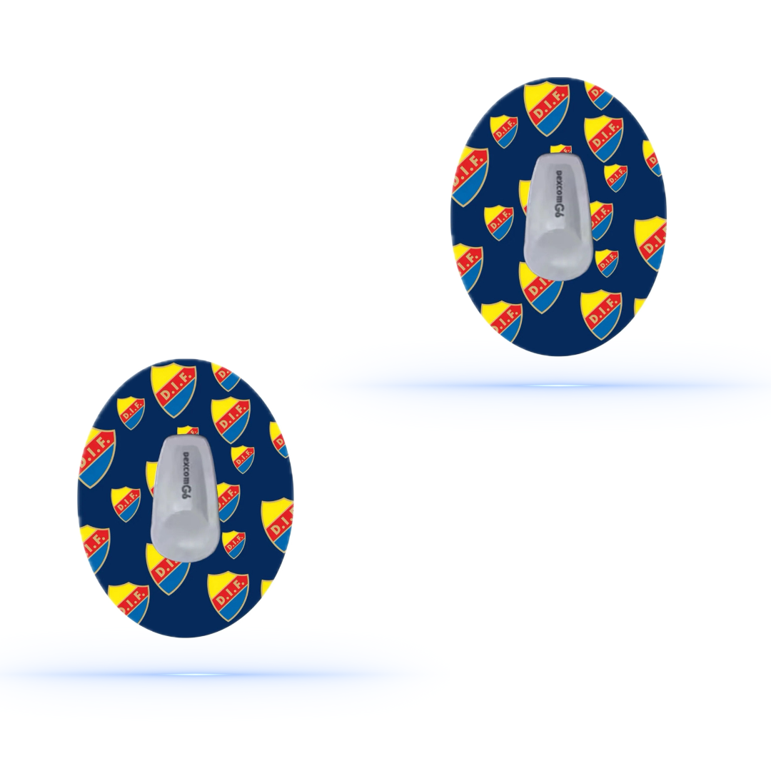 DiabetaGuard Djurgårdens IF CGM-patchar för Dexcom G6, visade i ett 5-pack med klubbens logotyp på en blå bakgrund.