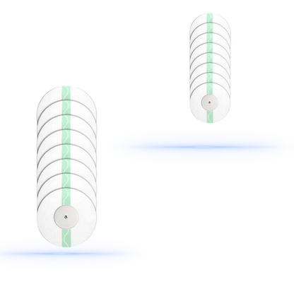 Floating view of multiple DiabetaGuard transparent CGM patches for Freestyle Libre, highlighting the product variety and protective qualities.