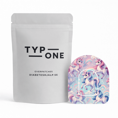 Unicorn Omnipod Overpatch för extra fäste och personlig design till Omnipod insulinpump, med färgglad enhörningsmotiv.