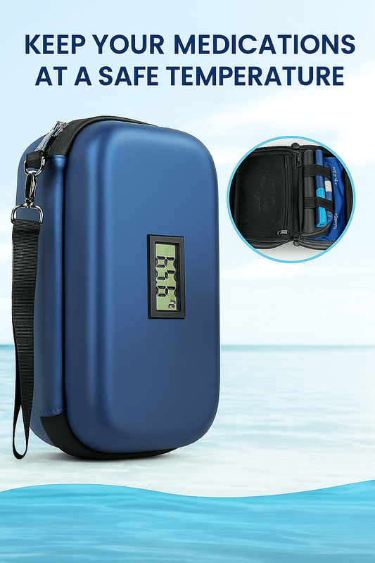 DiaCase Blue portable cooling case for safe medication storage, featuring a digital temperature display.