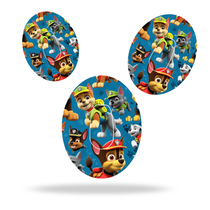 Paw Patrol themed CGM sensor overpatch featuring characters in vibrant colors for Dexcom G6.
