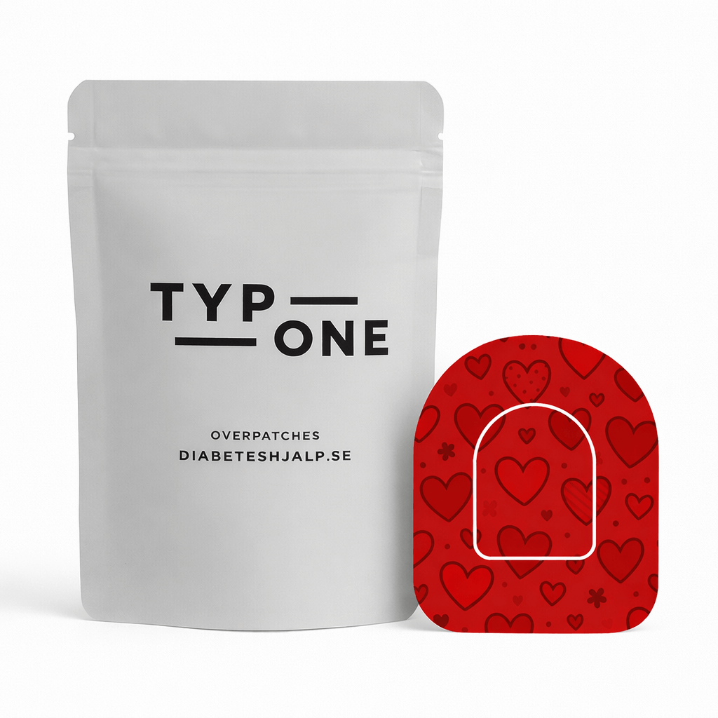 Heart Omnipod Overpatch med hjärtformad design och förpackning, ger extra stabilitet och personlig stil för insulinpumpen.