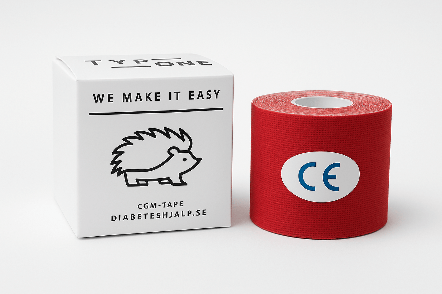 TypOne Tape Roll for CGM sensors, featuring a CE mark and a hedgehog logo, promoting ease for diabetes management.