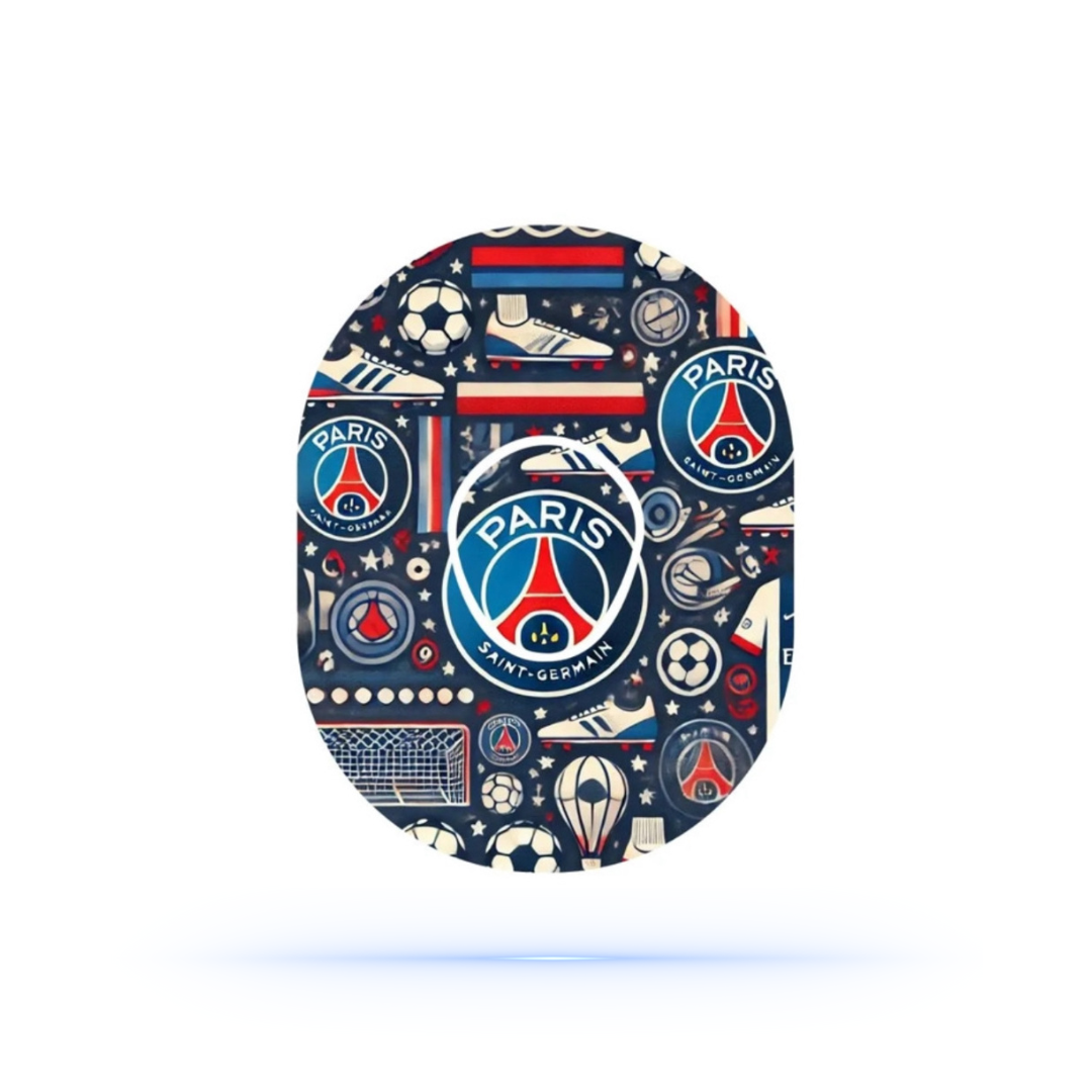 En detaljbild av ett PSG-mönstrat CGM-patch, designat för Dexcom G7 sensor.