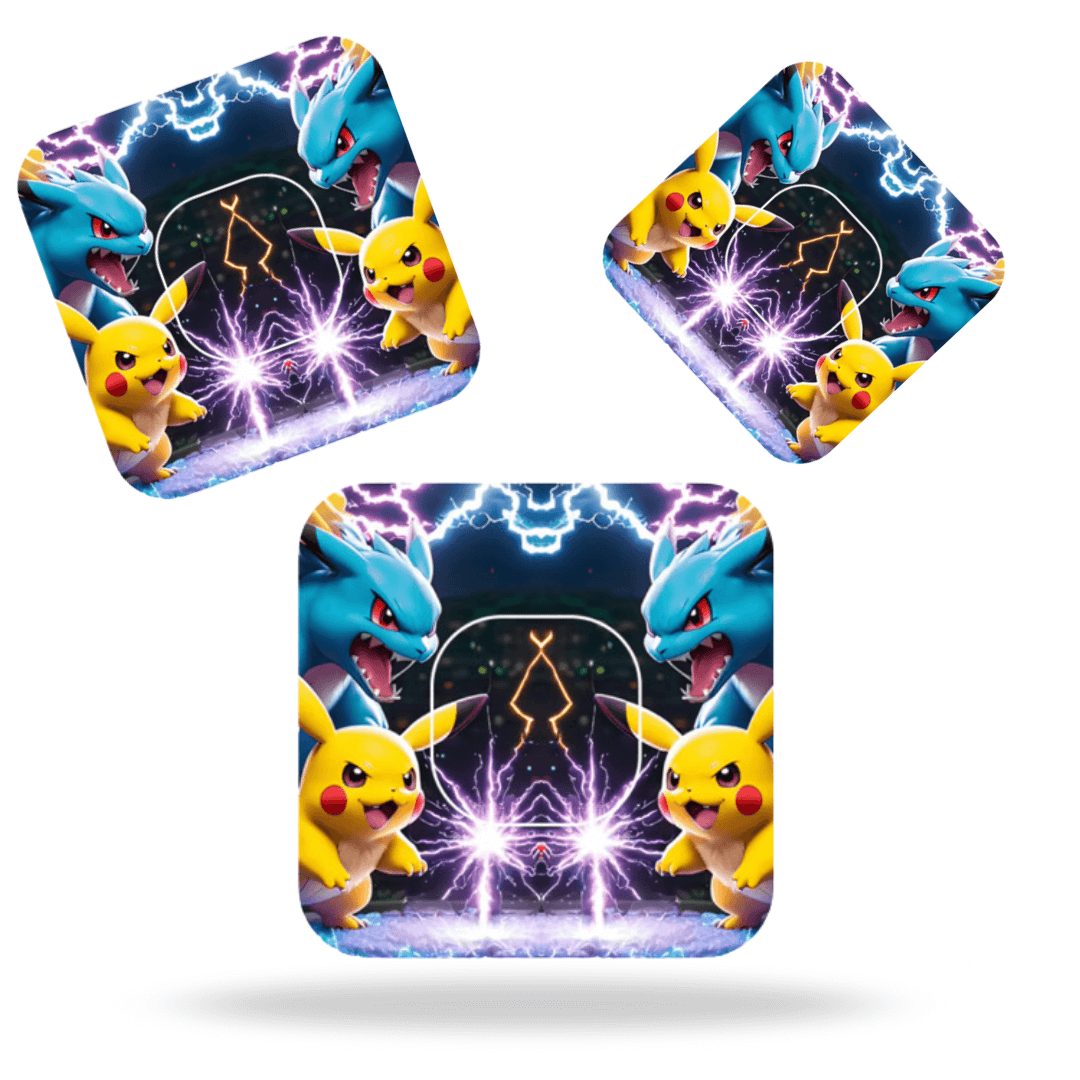 Colorful Pokémon-themed overpatches for Medtronic Simplera CGM sensor featuring Pikachu and dynamic background.