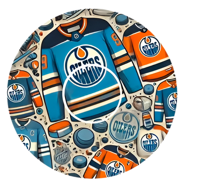 Nära vy av Edmonton Oilers patch med en mängd hockeytröjor i lagets färger i rundel.