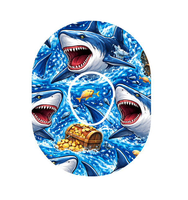 Dexcom ONE+ Sensorplåster Sharks & Gold Treasure – Vattentåliga overpatches.