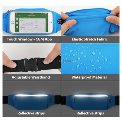 GlukoBältet Touch - Vattentätt löparbälte med touchfönster och reflekterande remsor för säker träning och glukoskontroll.