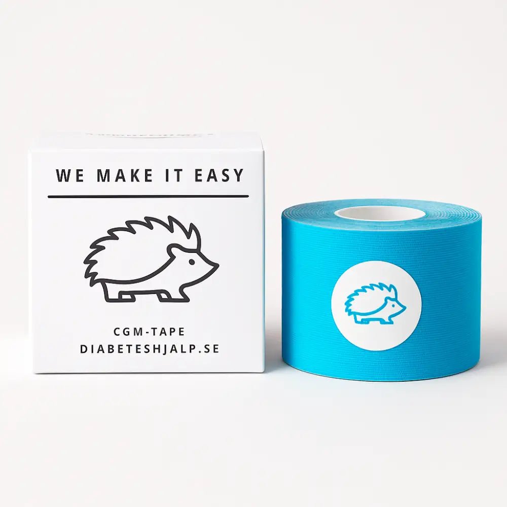 Tejp för CGM-sensor och insulinpump för extra stark fixering, blå rulle med förpackning.