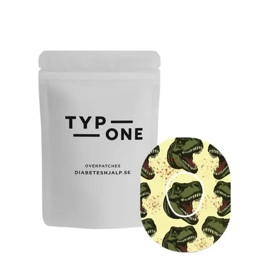 Dexcom One+ T-Rex Overpatches med dinosauriemotiv för sensor