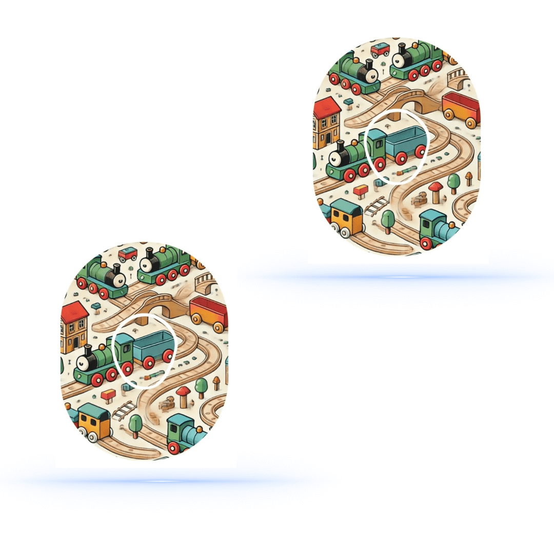 Brio Dexcom G7 sensor överplåster med tågmönster för CGM stabilitet och lekfull design